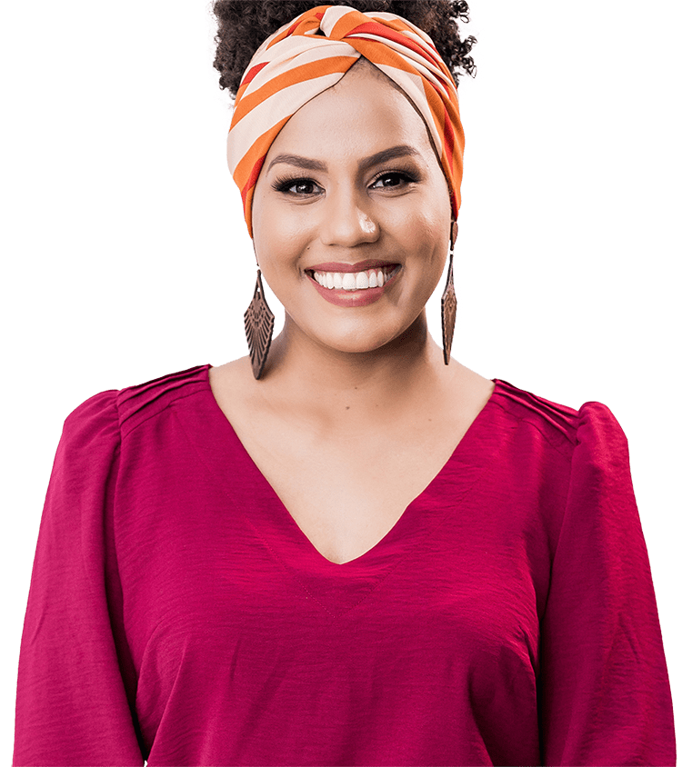 Woman in red shirt and orange headband
